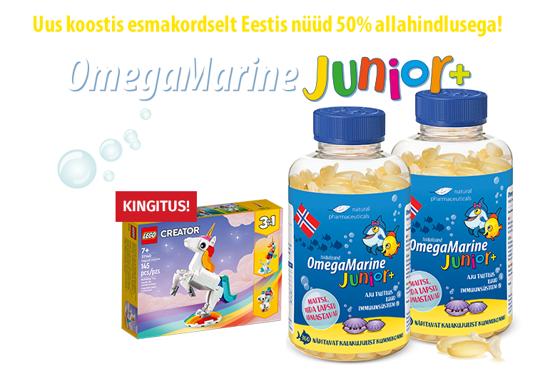 Natural Pharmaceuticals OmegaMarine Junior OmegaMarine Junior+ toidulisand lastele, koos infoga 50% soodustuse kohta Eestis. Esiplaanil on kaks kalakujulist kapslipudelit. Taustal teavitab värviline tekst aju, luude ja immuunsuse toetamisest. Lisaks näidatakse kingitusena LEGO Creator Unicorn komplekti.