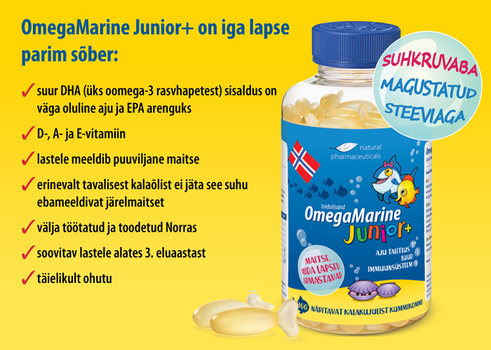 Natural Pharmaceuticals OmegaMarine Junior OmegaMarine Junior+ toidulisandi reklaam kalakujulise tarretise kujul. Paremal nähtav toote pudel värvilise etiketi ja Norra lipuga. Vasakul eestikeelne loetelu kasulikest omadustest, sealhulgas: kõrge DHA, D-, A- ja E-vitamiini sisaldus, lastele meeldiv puuviljane maitse, ei ole kala järelmaitset, toodetud Norras, soovitatav alates 3. eluaastast, täiesti ohutu. Märgistuse ülaosas ringikujuline loosung: „SUHKRUVABA MAGUSTATUD STEEVIAGA“.