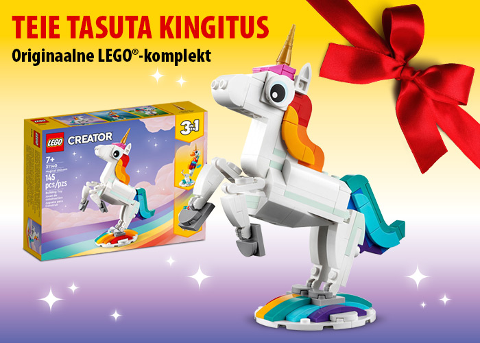 Natural Pharmaceuticals OmegaMarine Junior Tasuta kingitus: LEGO Creator 3-in-1 ükssarviku komplekt värvilise mehena ja vikerkaarelise stendiga. Vasakul on näha LEGO karbi originaalversioon, millele on kirjutatud „7+“, paremal on ükssarviku ehitatud mudel. Tagaplaanil kollase ja lilla gradientfooniga taust, millel on punane kingituskeere aktsent ja kiri: „TEIE TASUTA KINGITUS - Originaal LEGO-kompleks“."