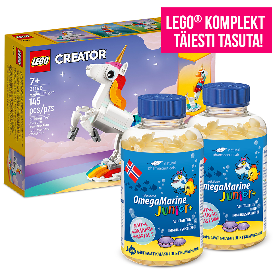 Natural Pharmaceuticals OmegaMarine Junior Kaks kalakujulist beebi lisapudelit, mis on seatud LEGO Creator 3-in-1 - Magic Unicorn karbi ette (145 elementi). Paremas ülemises nurgas roosa bänner tekstiga: „LEGO® KOMPLEKT TÄIESTI TASUTA!“.